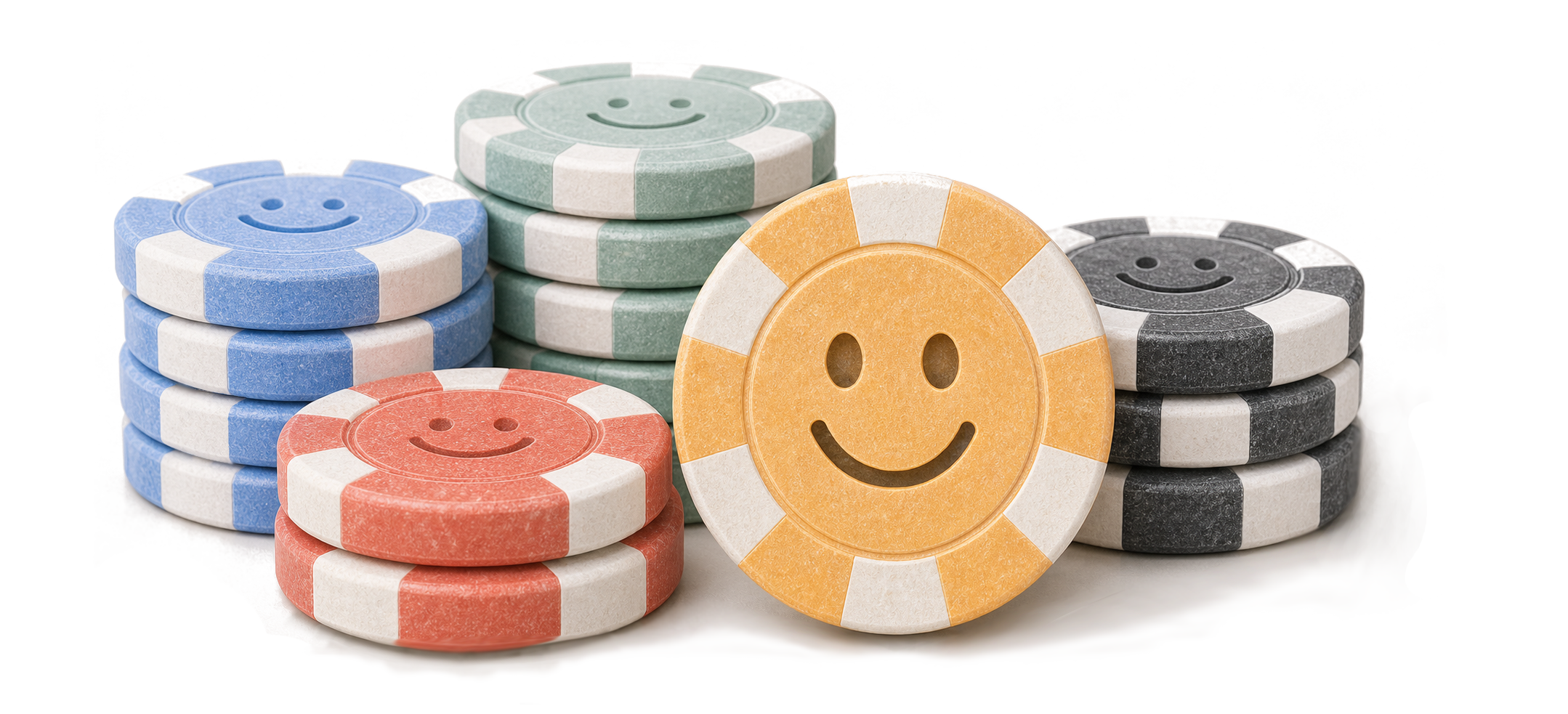 Stacks of smiling blue, green, red and black poker chips with a smiling yellow chip